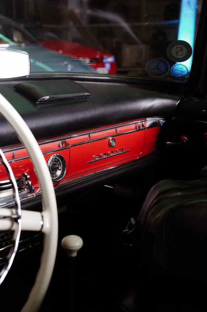 Detail shot of vintage Mercedes 300SL interior and dashboard